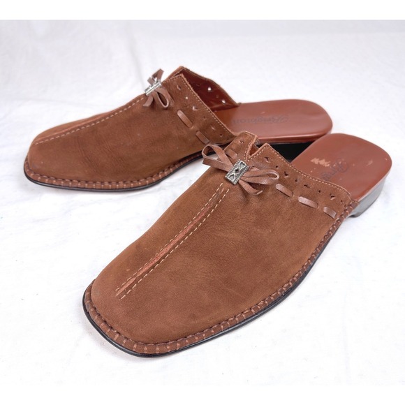 Brighton Shoes - Brighton Napa Brown Suede Mules Square Toe Whipstitch Bow Shoes Women 9M Brazil